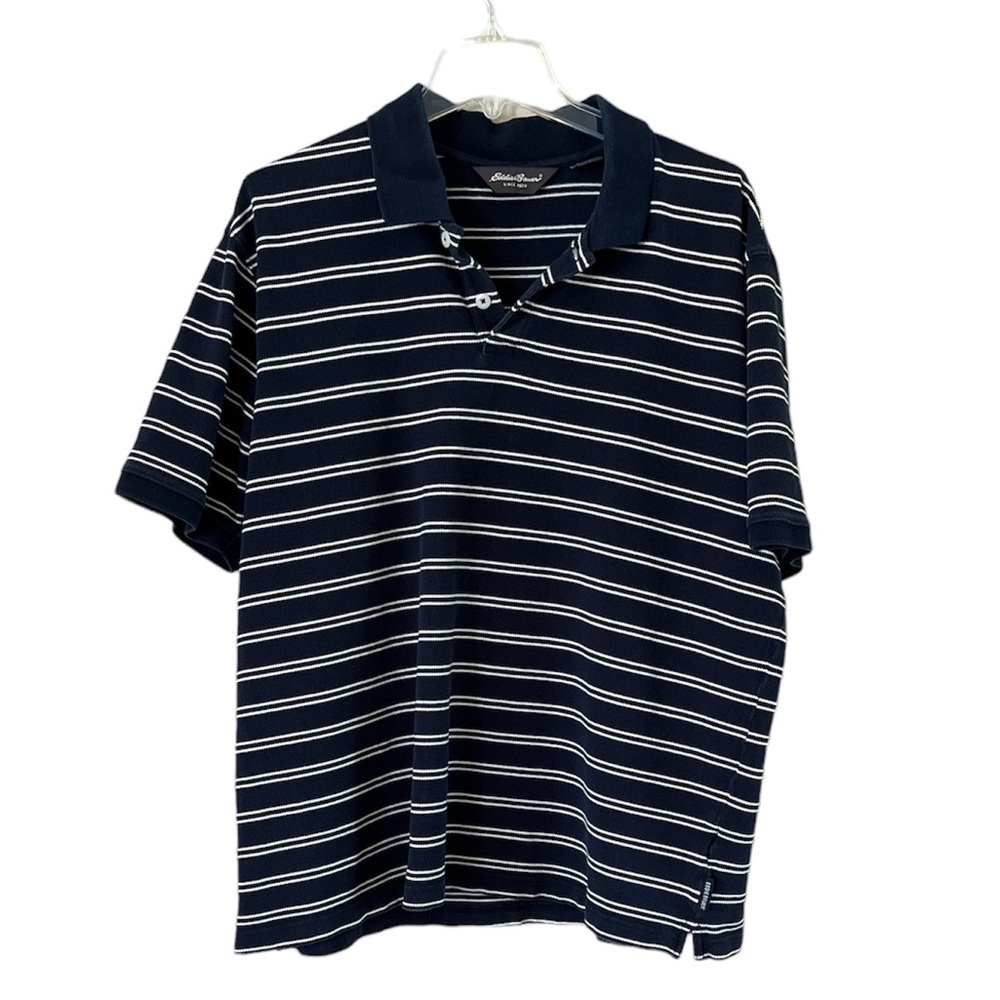 Eddie Bauer polo size XL navy with white stripes collar short sleeves